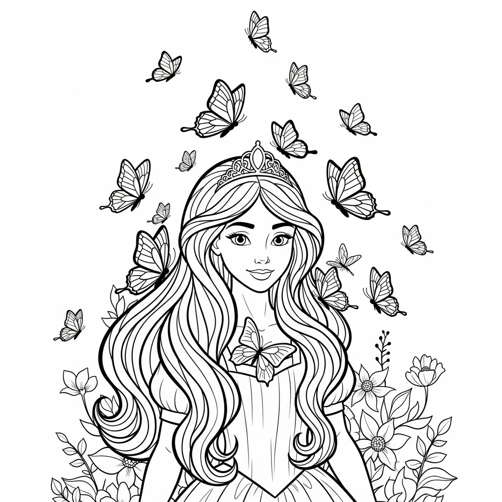 Coloriage Princesse et Papillons à Imprimer