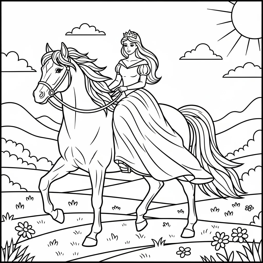 Coloriage Princesse et Son Cheval à Imprimer