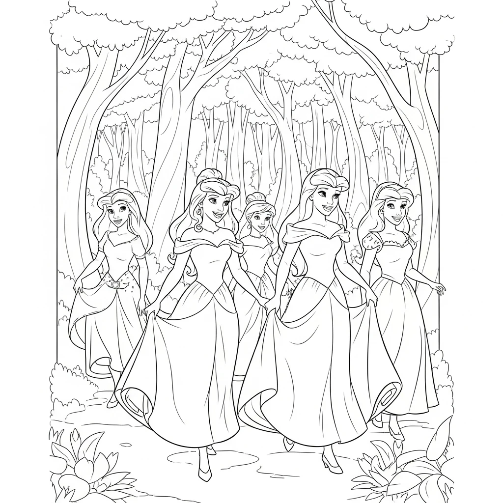 Coloriage Princesses Disney À Travers la Forêt à Imprimer