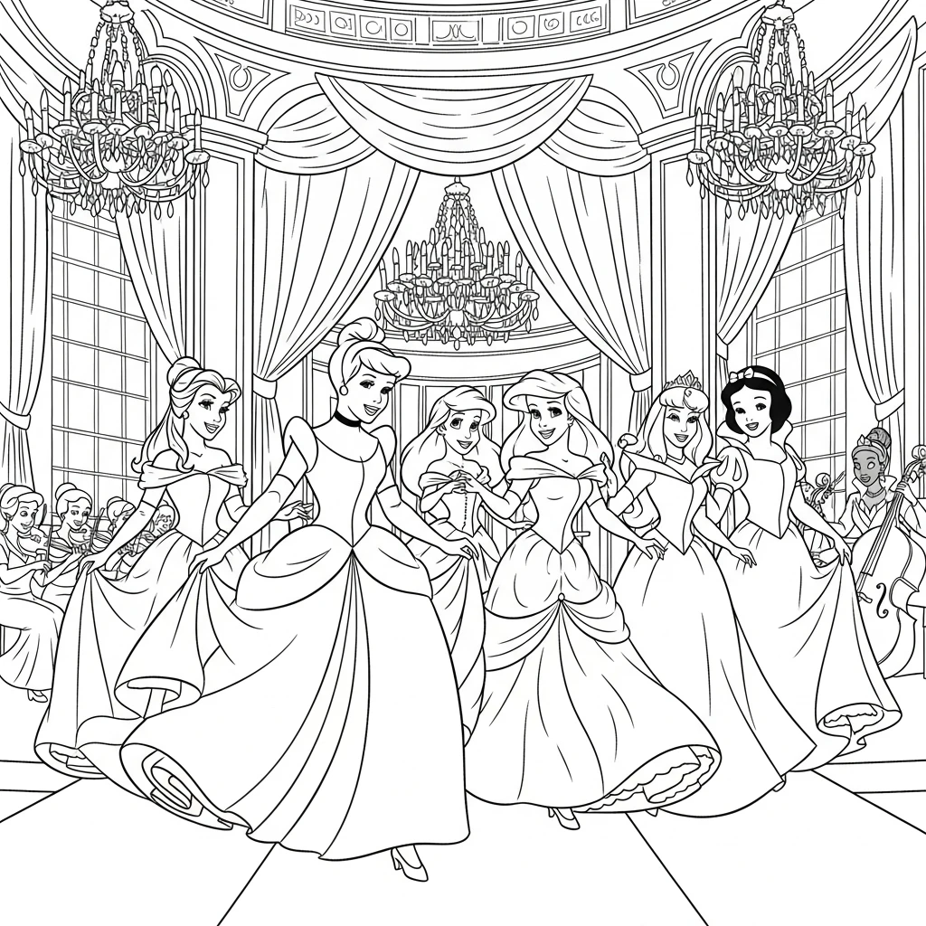 Coloriage Princesses Disney Soirée à Imprimer