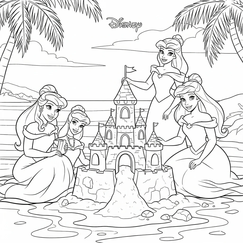 Coloriage Princesses Disney à la Plage à Imprimer