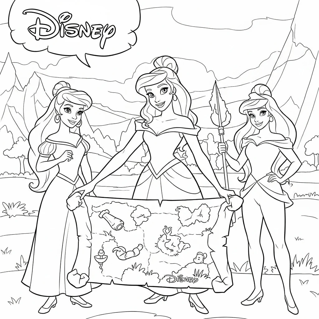 Coloriage Princesses Disney en Aventure à Imprimer
