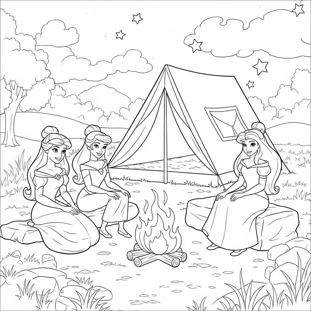 Coloriage Princesses Disney en Camping à Imprimer