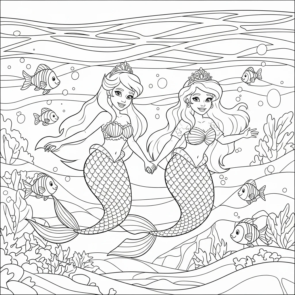 Coloriage Princesses Disney en Mer à Imprimer
