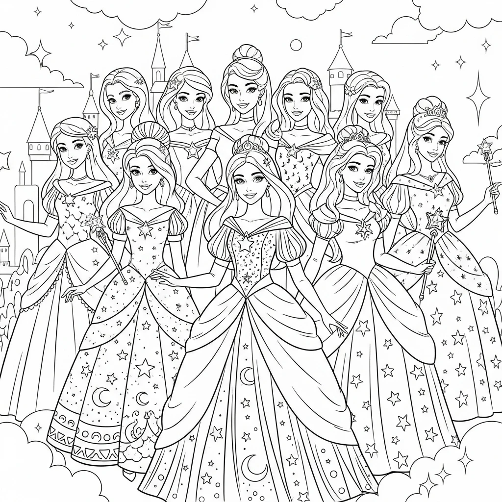Coloriage Princesses en Robes Magiques à Imprimer