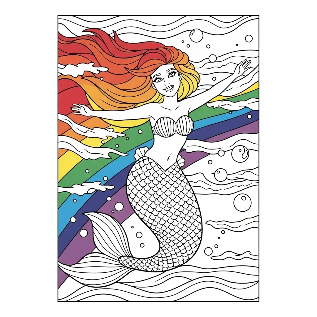 Coloriage Sirène Arc-en-ciel à Imprimer