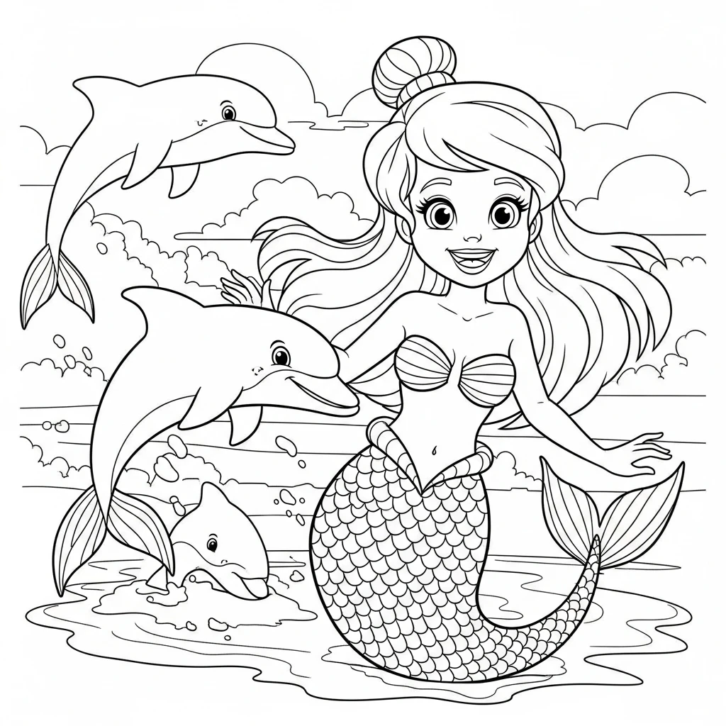 Coloriage Sirène Heureuse à Imprimer