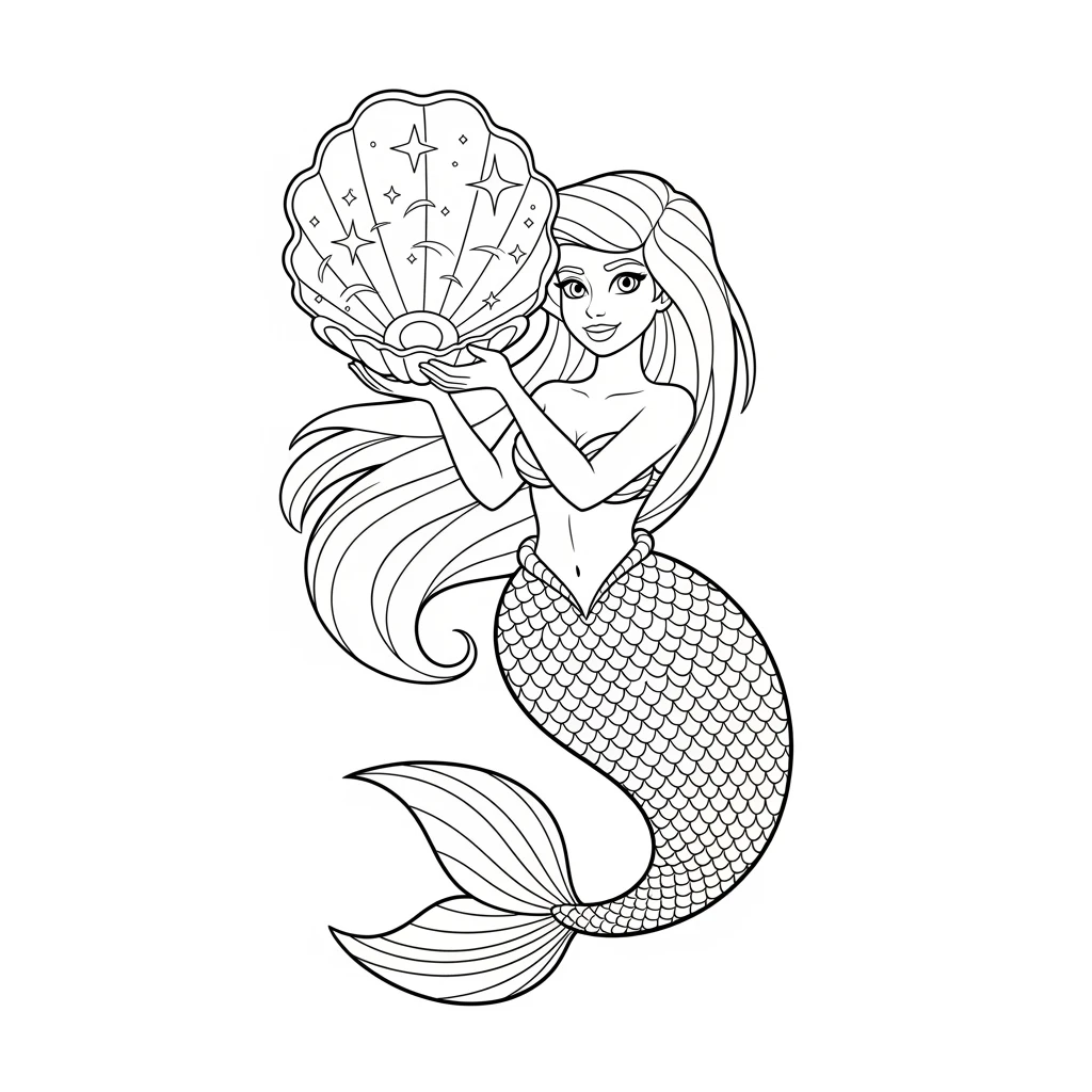 Coloriage Sirène Portant un Poudrier à Imprimer