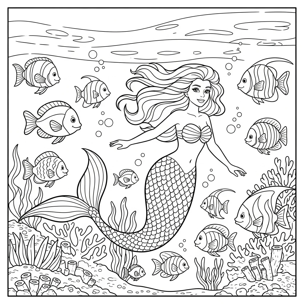 Coloriage Sirène avec Poissons à Imprimer