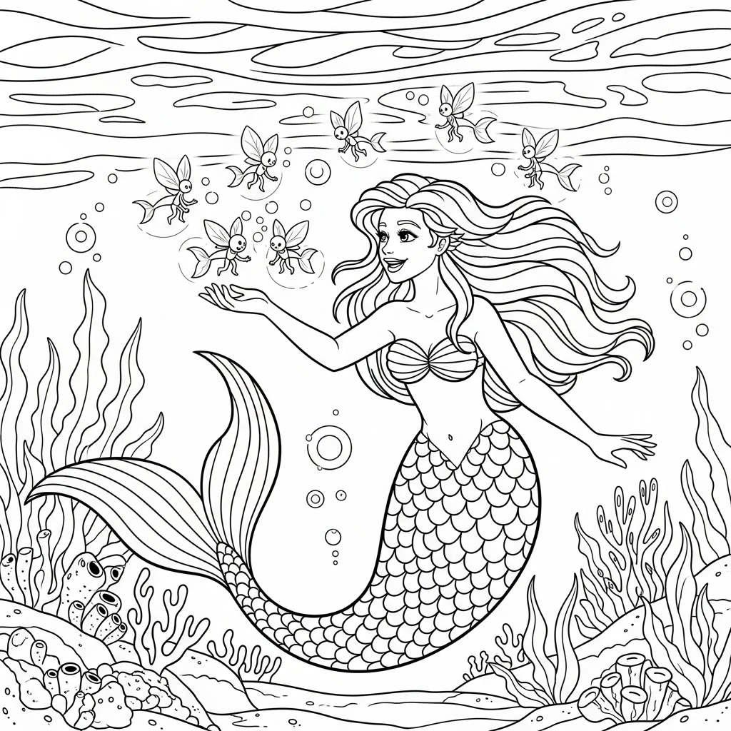 Coloriage Sirène avec des Lutins à Imprimer