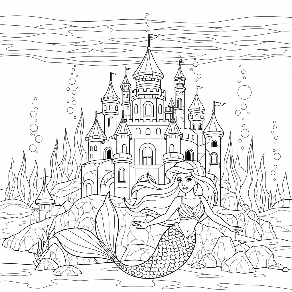 Coloriage Sirène dans un Château Sous-Marin à Imprimer