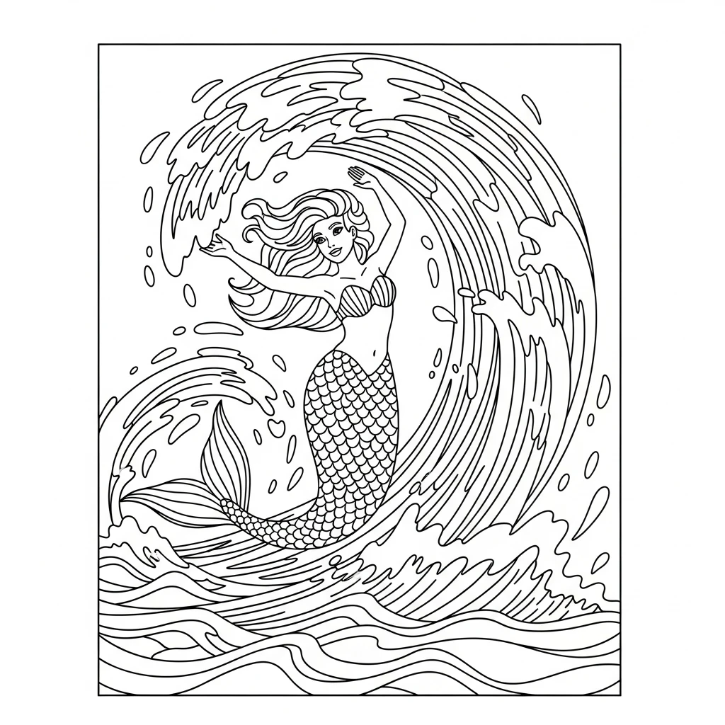 Coloriage Sirène dans une Boucle d'Océan à Imprimer