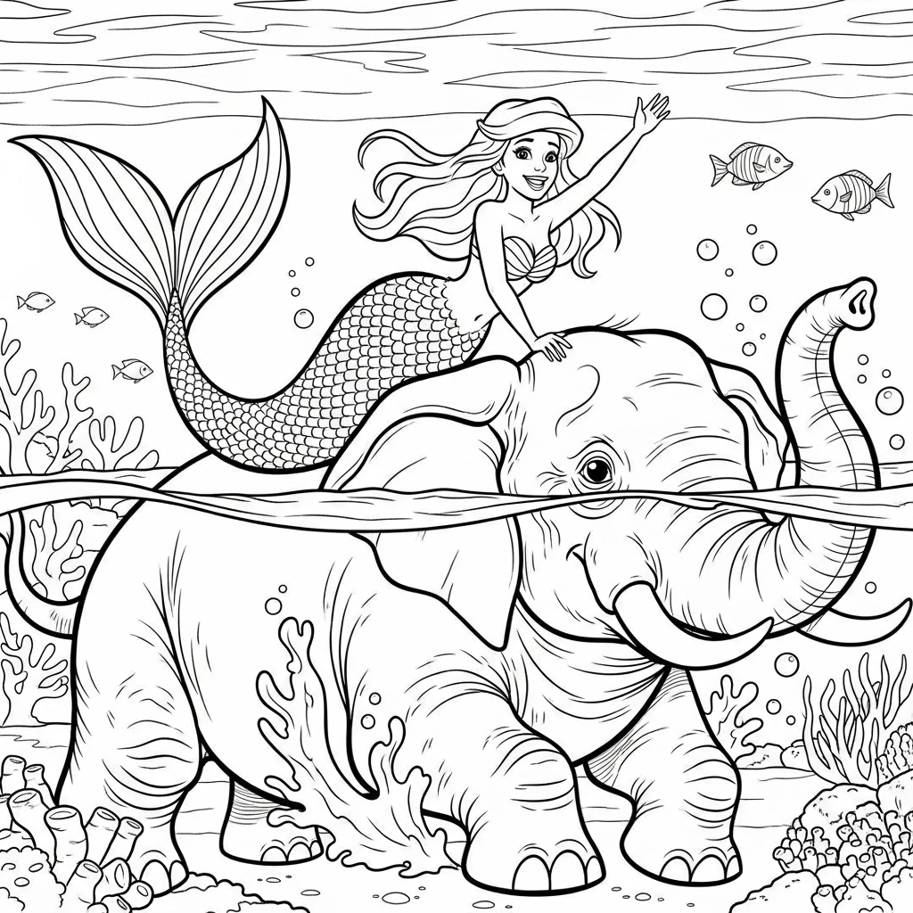 Coloriage Sirène et Éléphant de Mer à Imprimer