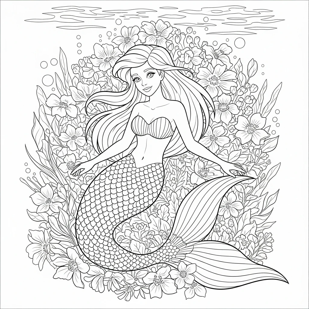 Coloriage Sirène et Fleurs à Imprimer