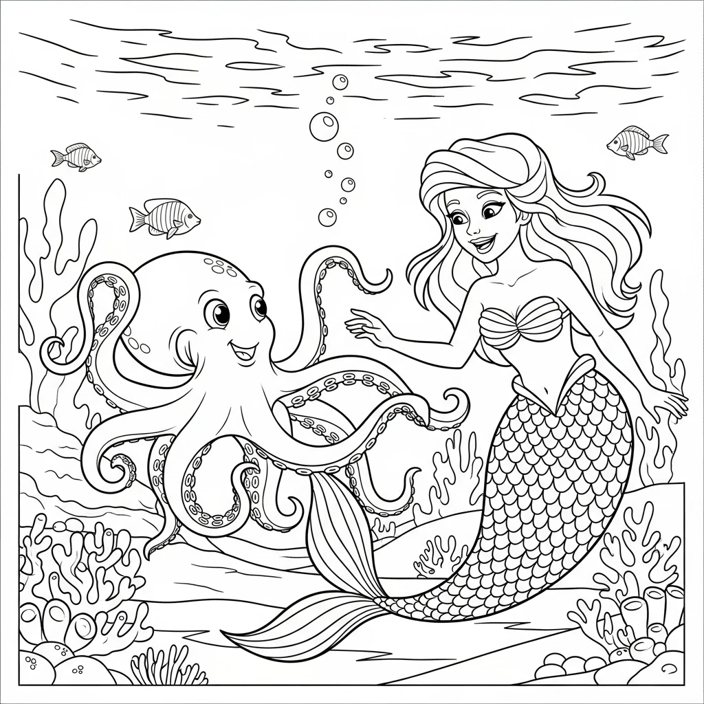 Coloriage Sirène et Octopus à Imprimer