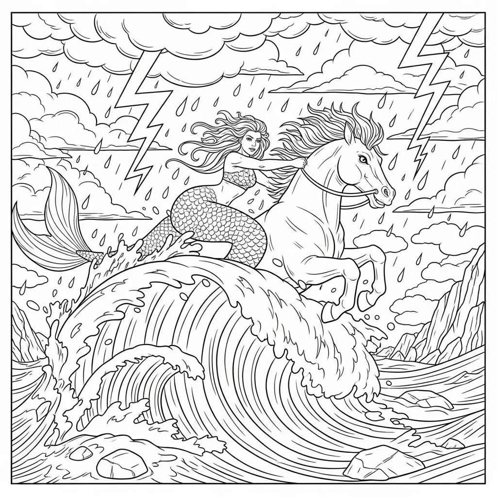 Coloriage Sirène et Tempête à Imprimer