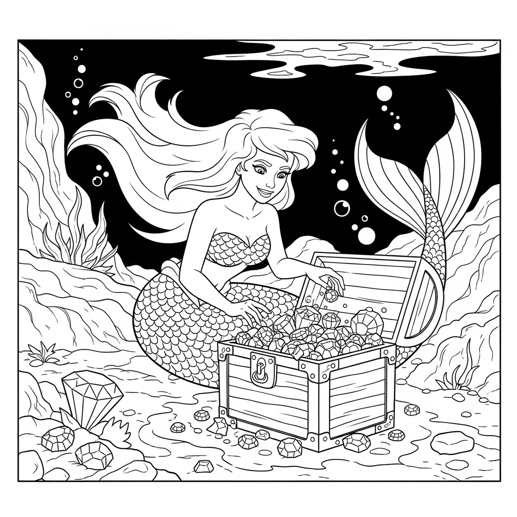 Coloriage Sirène et Trésor à Imprimer