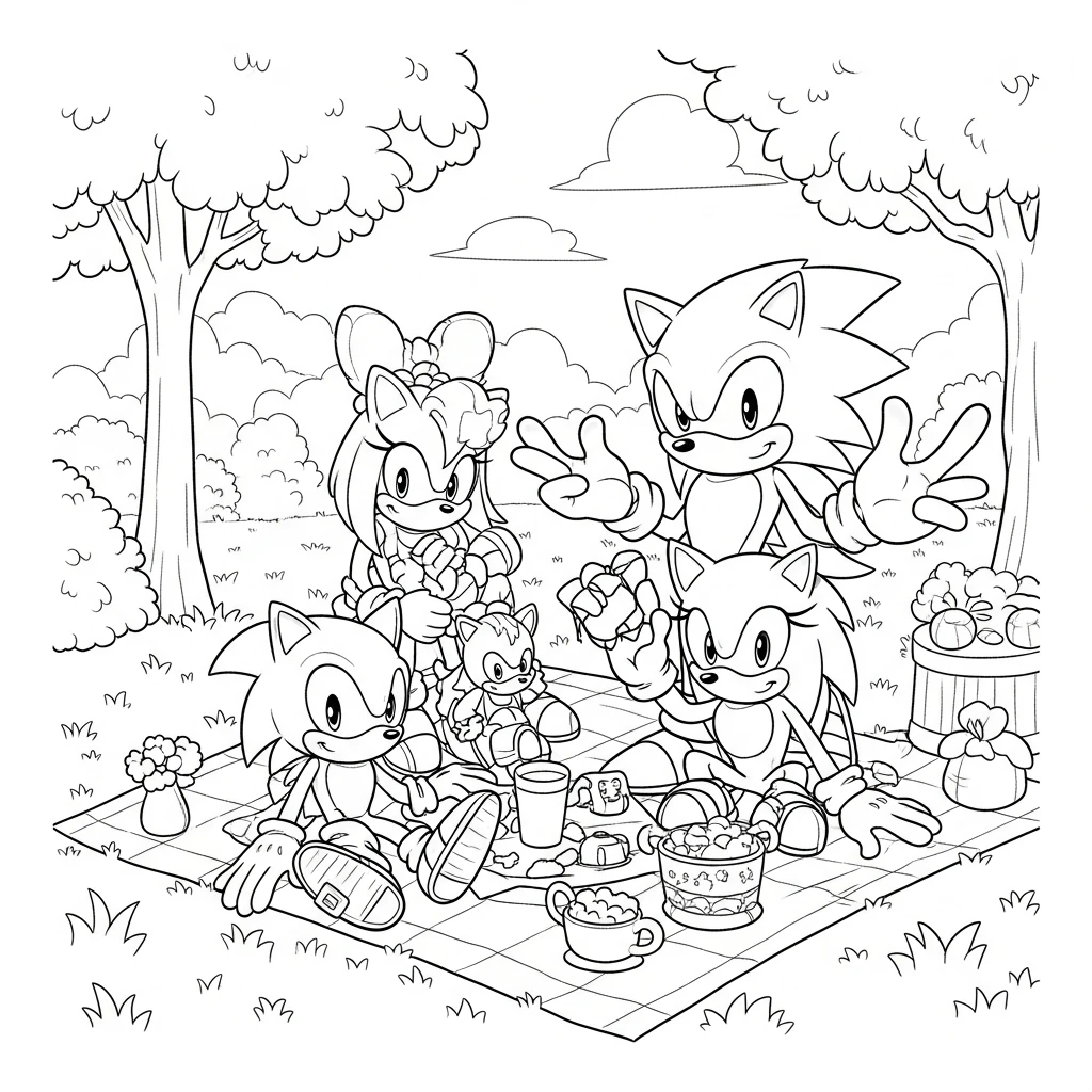 Coloriage Sonic en Famille à Imprimer