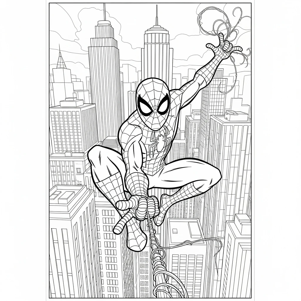 Coloriage Spider-Man Dans la Ville à Imprimer
