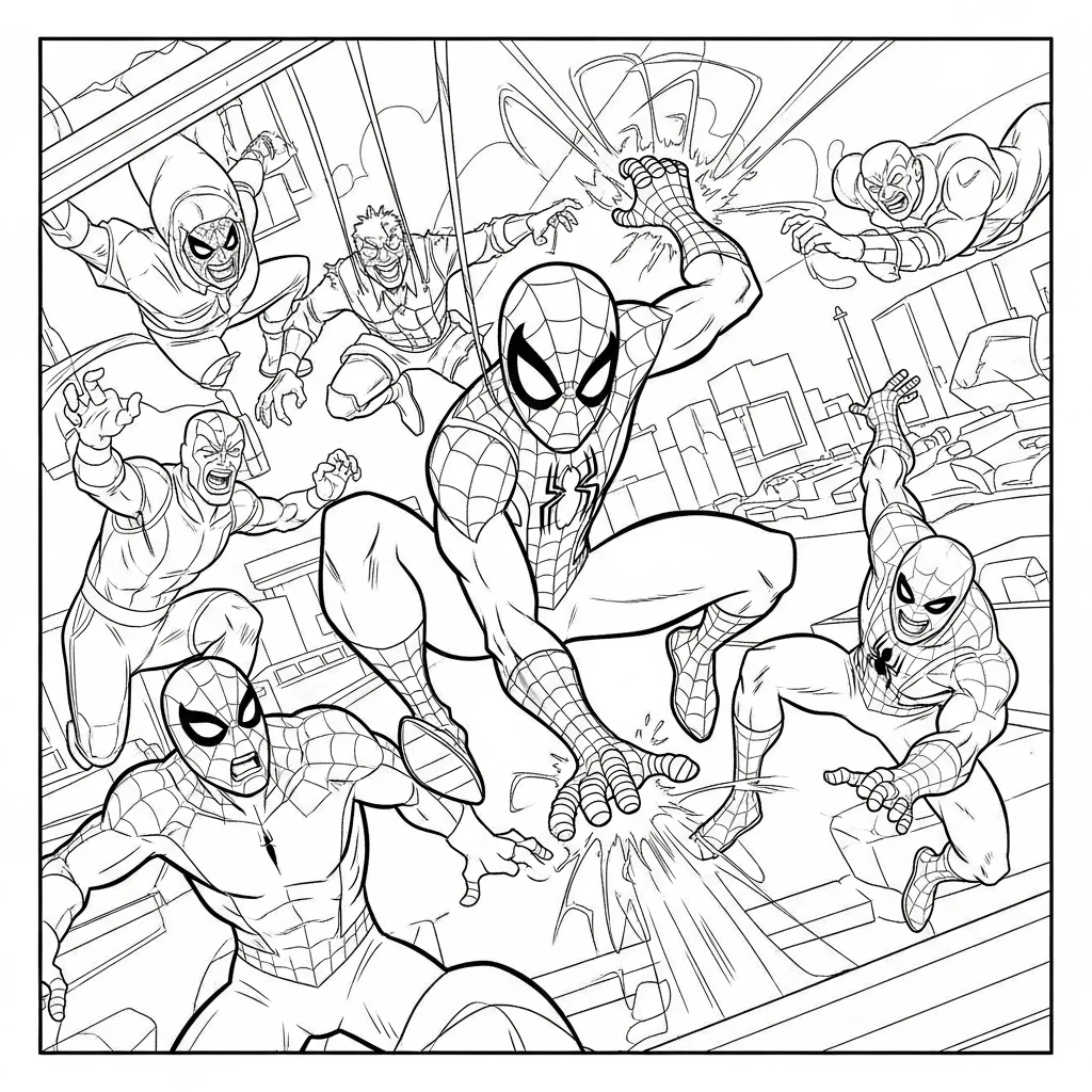 Coloriage Spider-Man En Action avec des Vilains à Imprimer