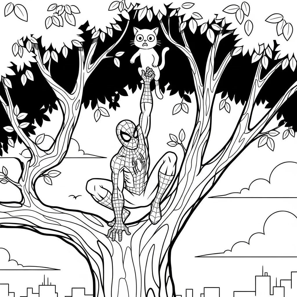 Coloriage Spider-Man Sauvant un Chat à Imprimer