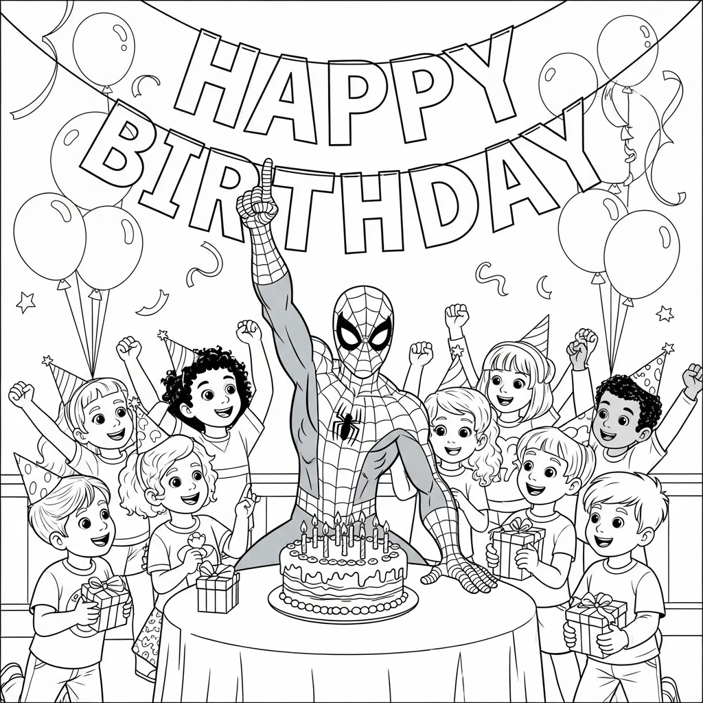 Coloriage Spider-Man à la Fête à Imprimer
