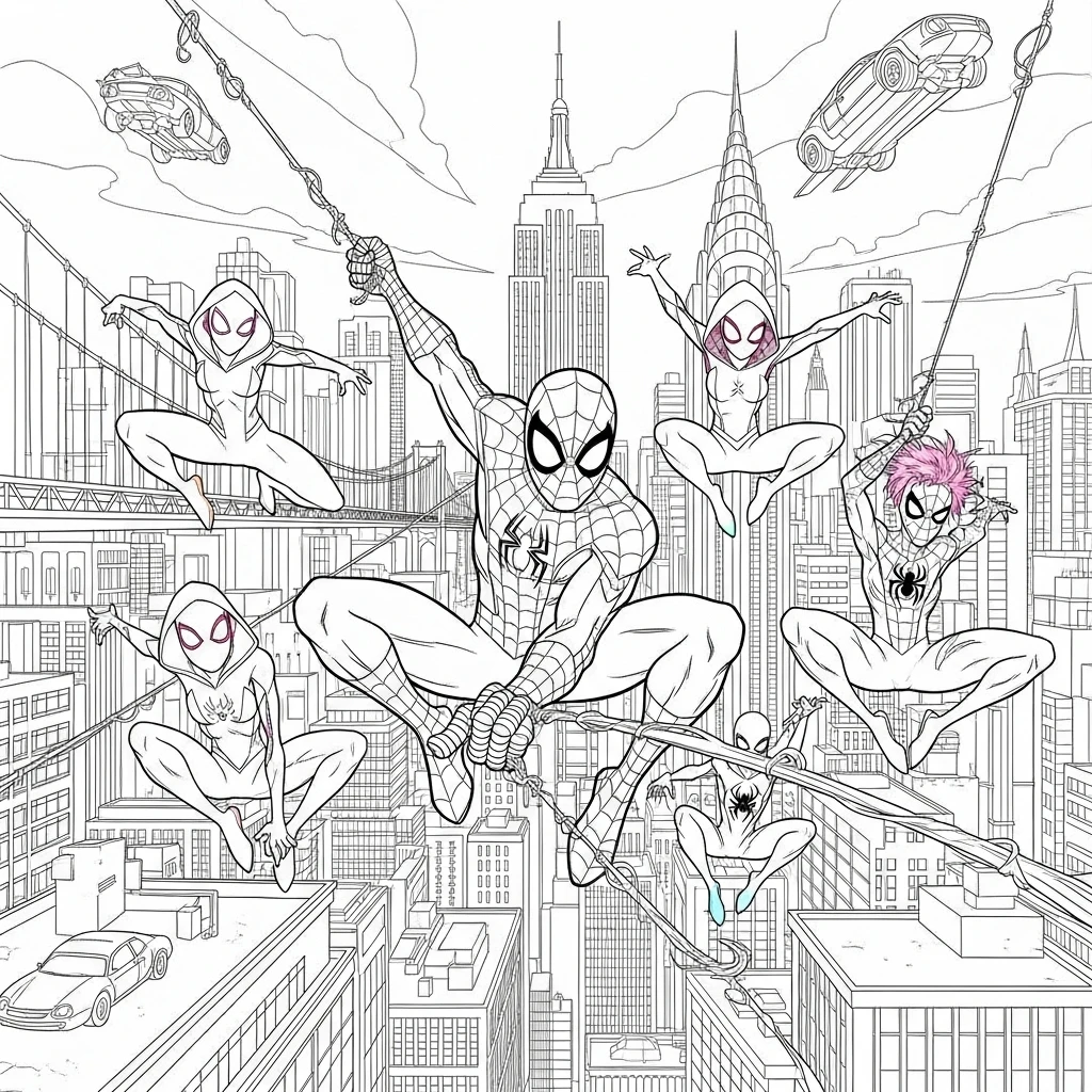 Coloriage Spider-Man avec Amis à Imprimer