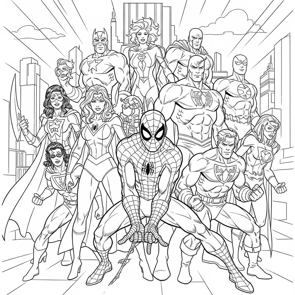 Coloriage Spider-Man et D'autres Super-Héros à Imprimer
