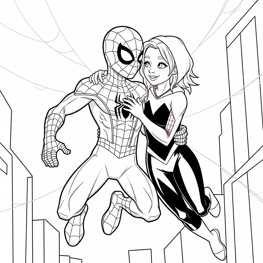 Coloriage Spider-Man et Gwen Stacy à Imprimer