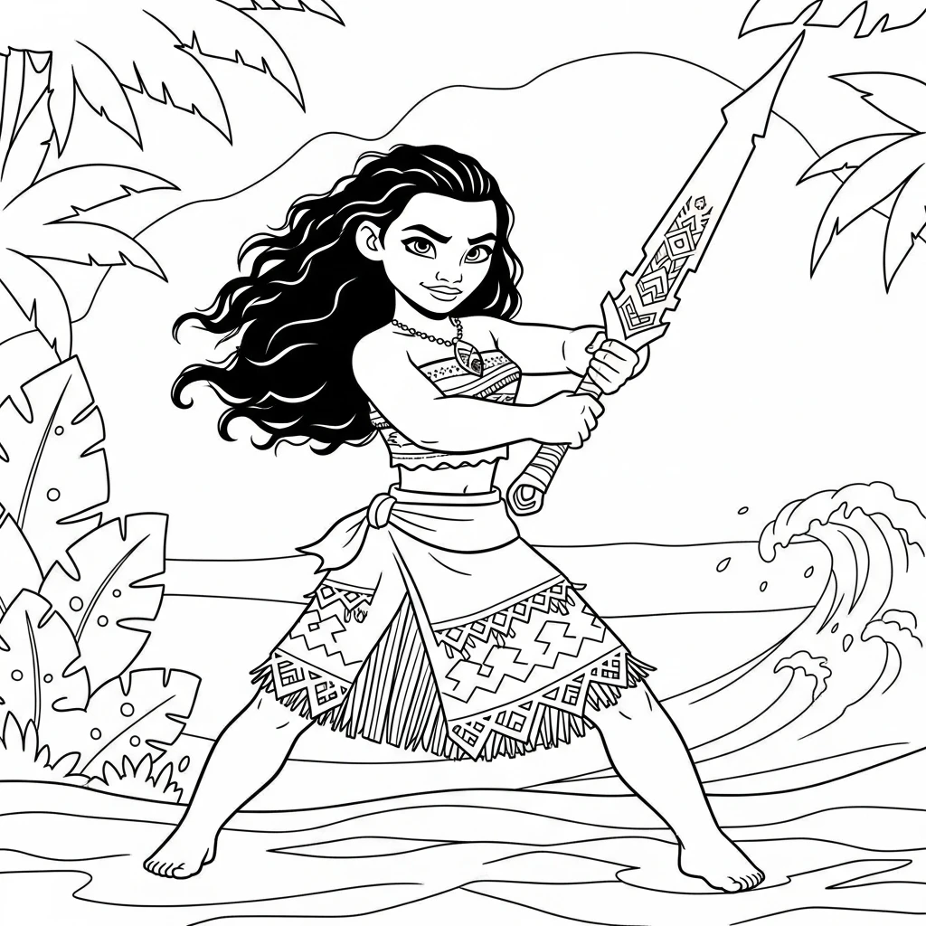 Coloriage Vaiana Brandissant son Épée à Imprimer