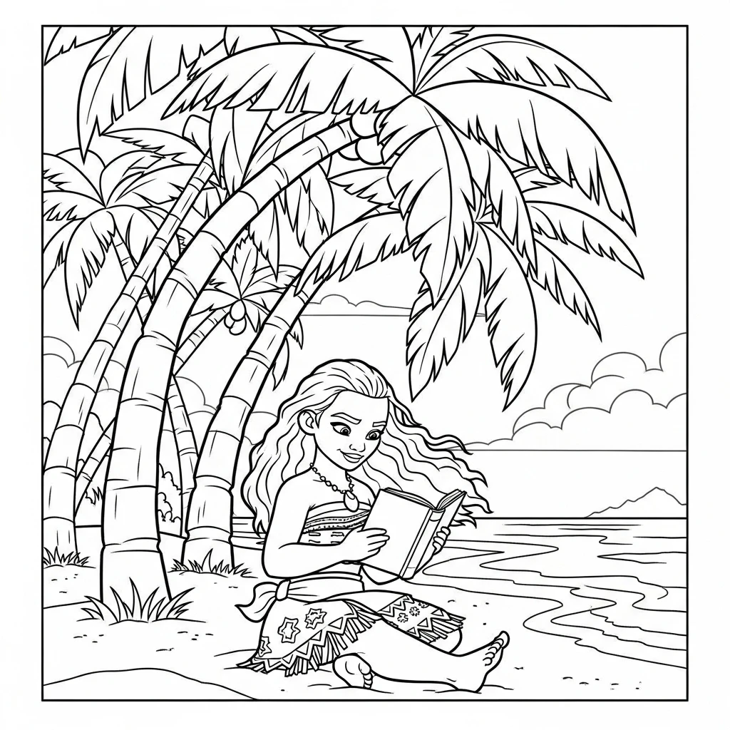 Coloriage Vaiana Sous les Palmiers à Imprimer