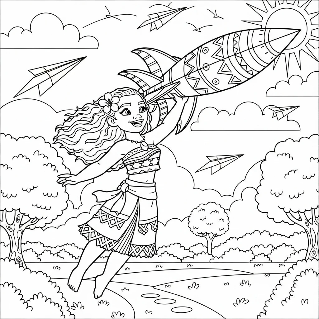 Coloriage Vaiana au Fusée à Imprimer