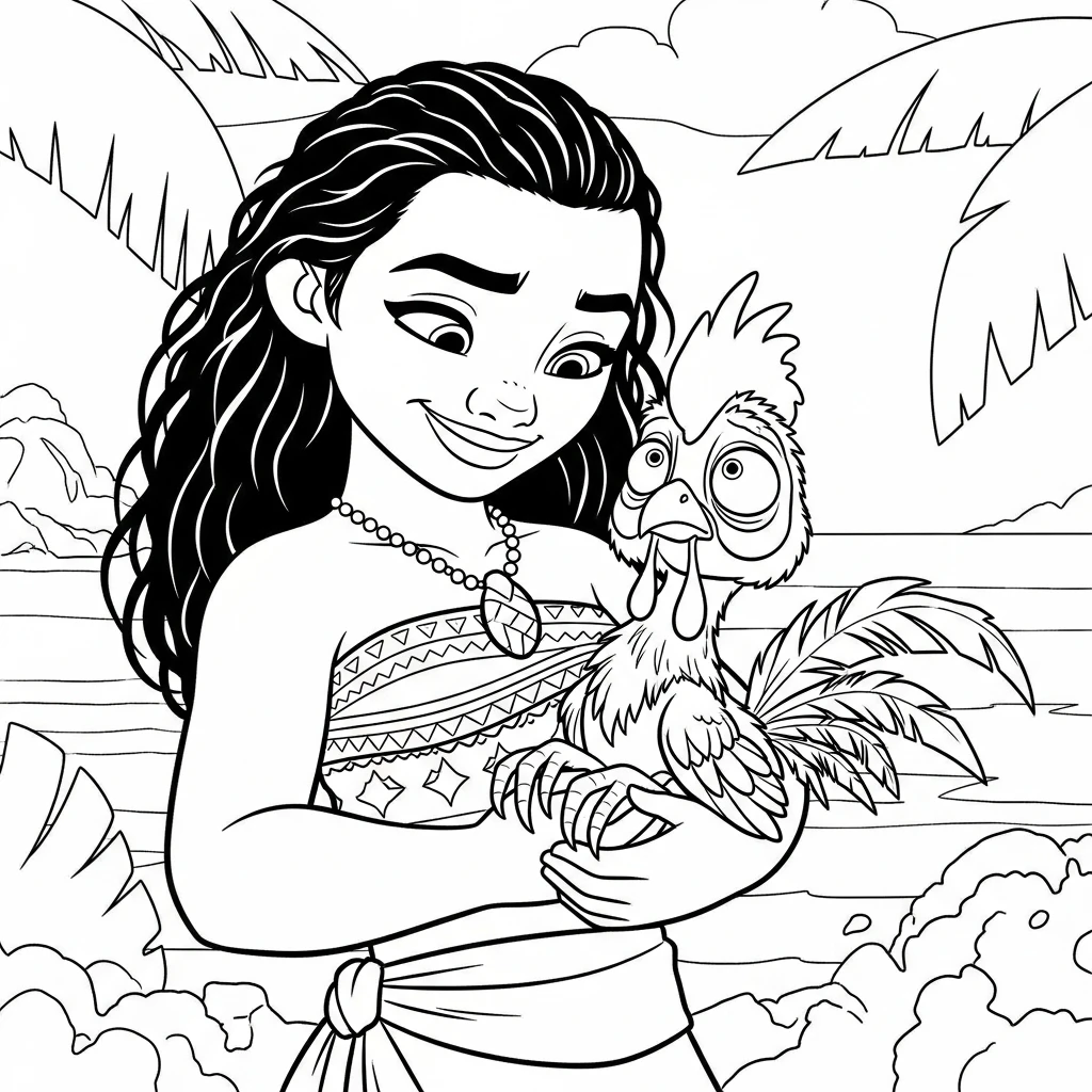 Coloriage Vaiana avec Hei Hei à Imprimer