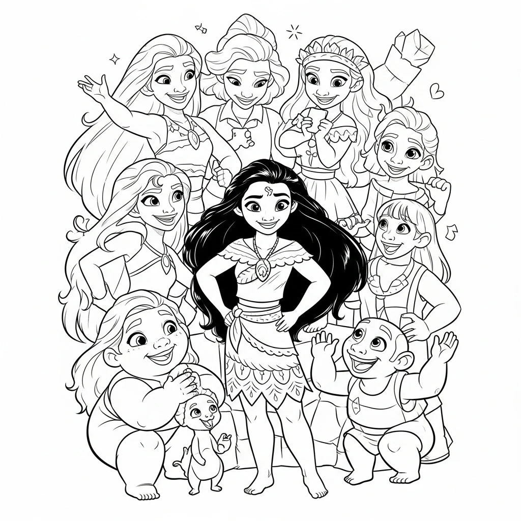 Coloriage Vaiana avec ses Amis à Imprimer