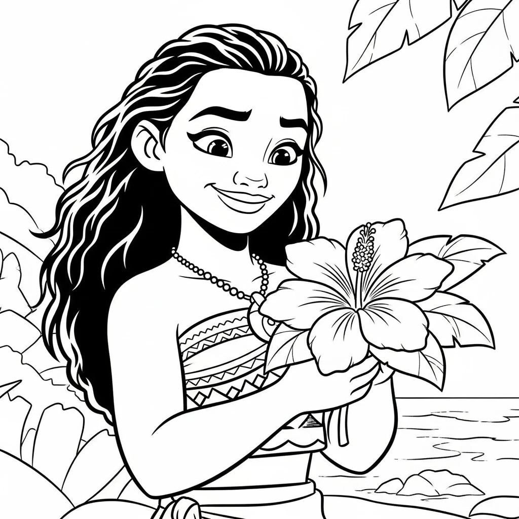 Coloriage Vaiana avec une Fleur à Imprimer