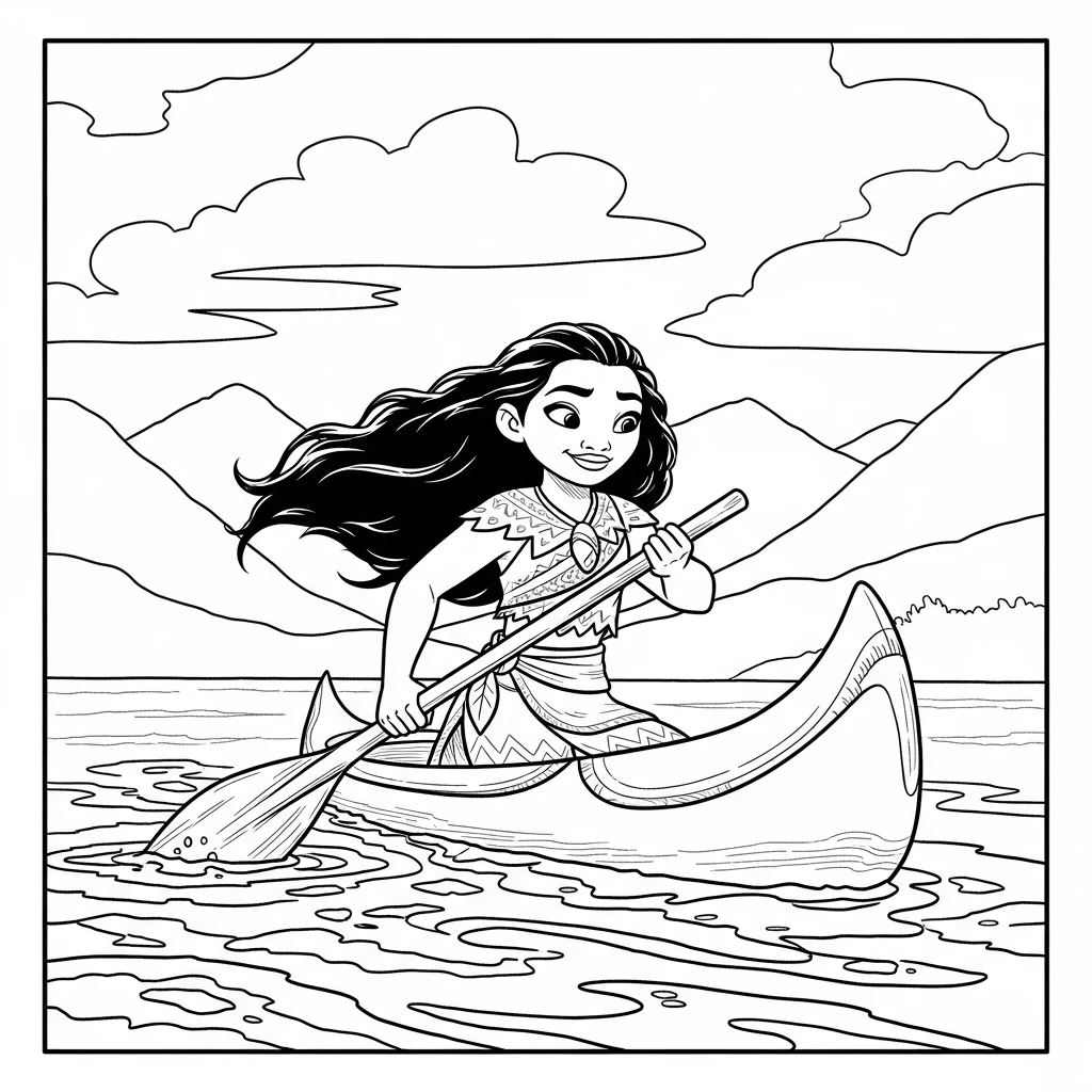Coloriage Vaiana dans un Canot à Imprimer