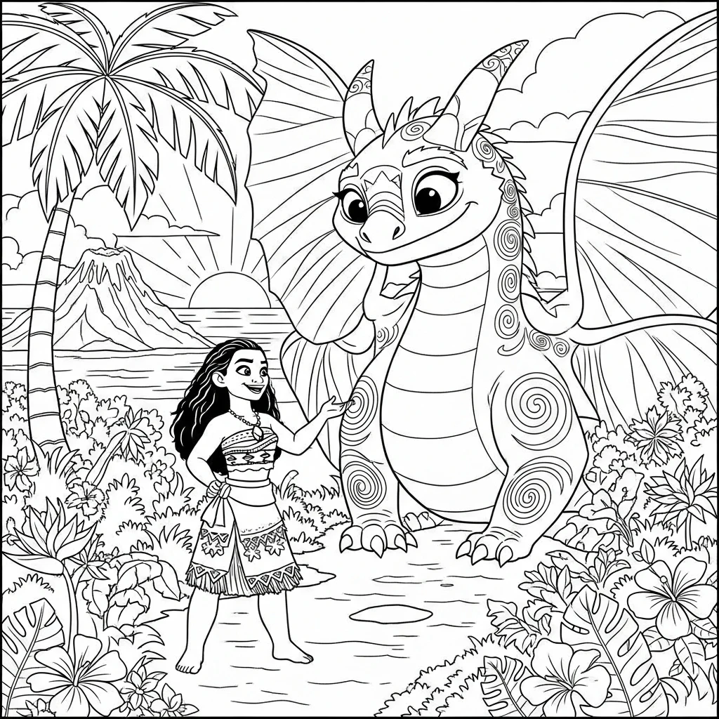 Coloriage Vaiana et le Dragon à Imprimer