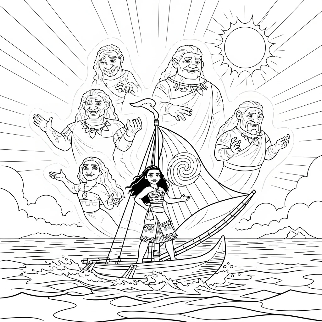 Coloriage Vaiana et les Ancêtres à Imprimer