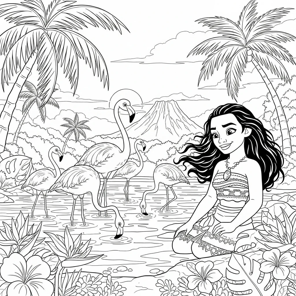 Coloriage Vaiana et les Flamants à Imprimer
