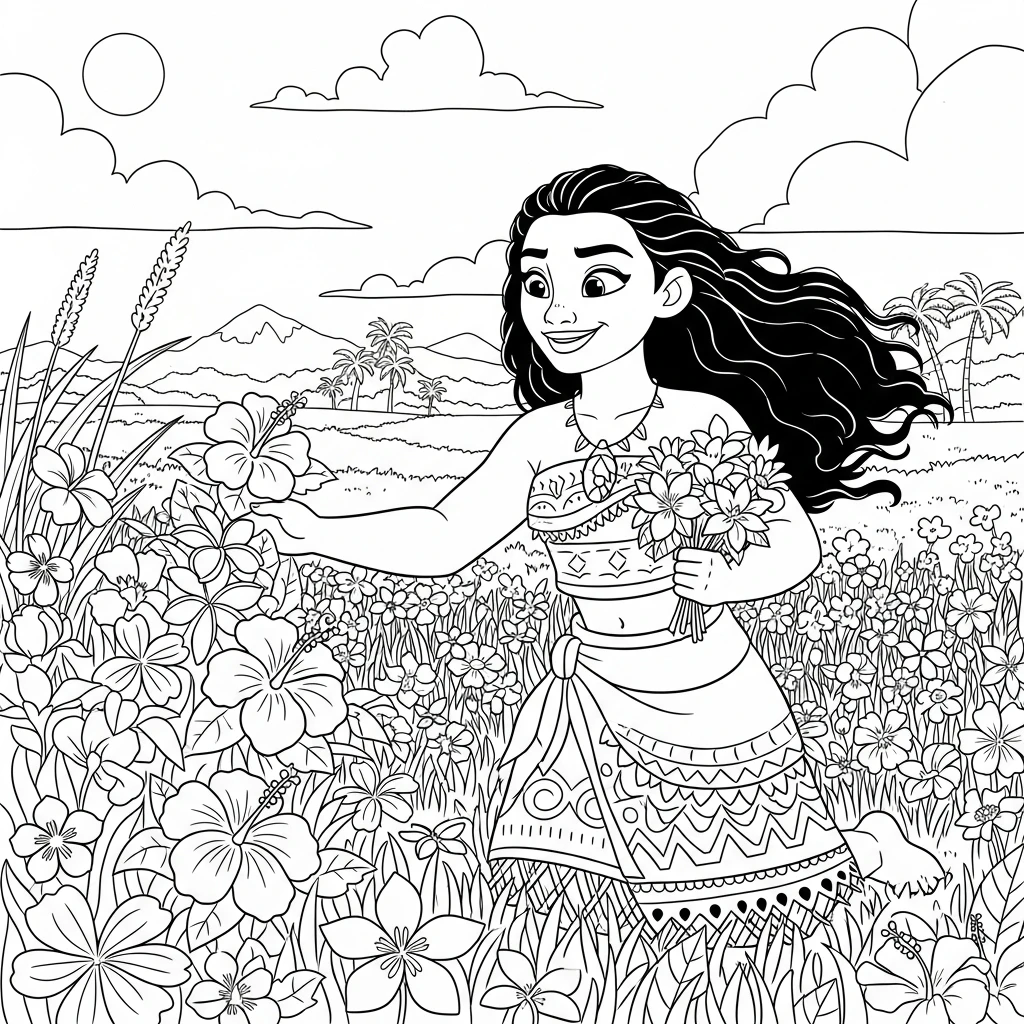 Coloriage Vaiana et les Fleurs à Imprimer