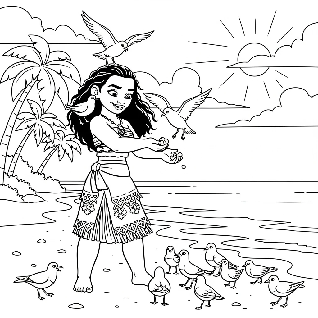 Coloriage Vaiana et les Oiseaux à Imprimer
