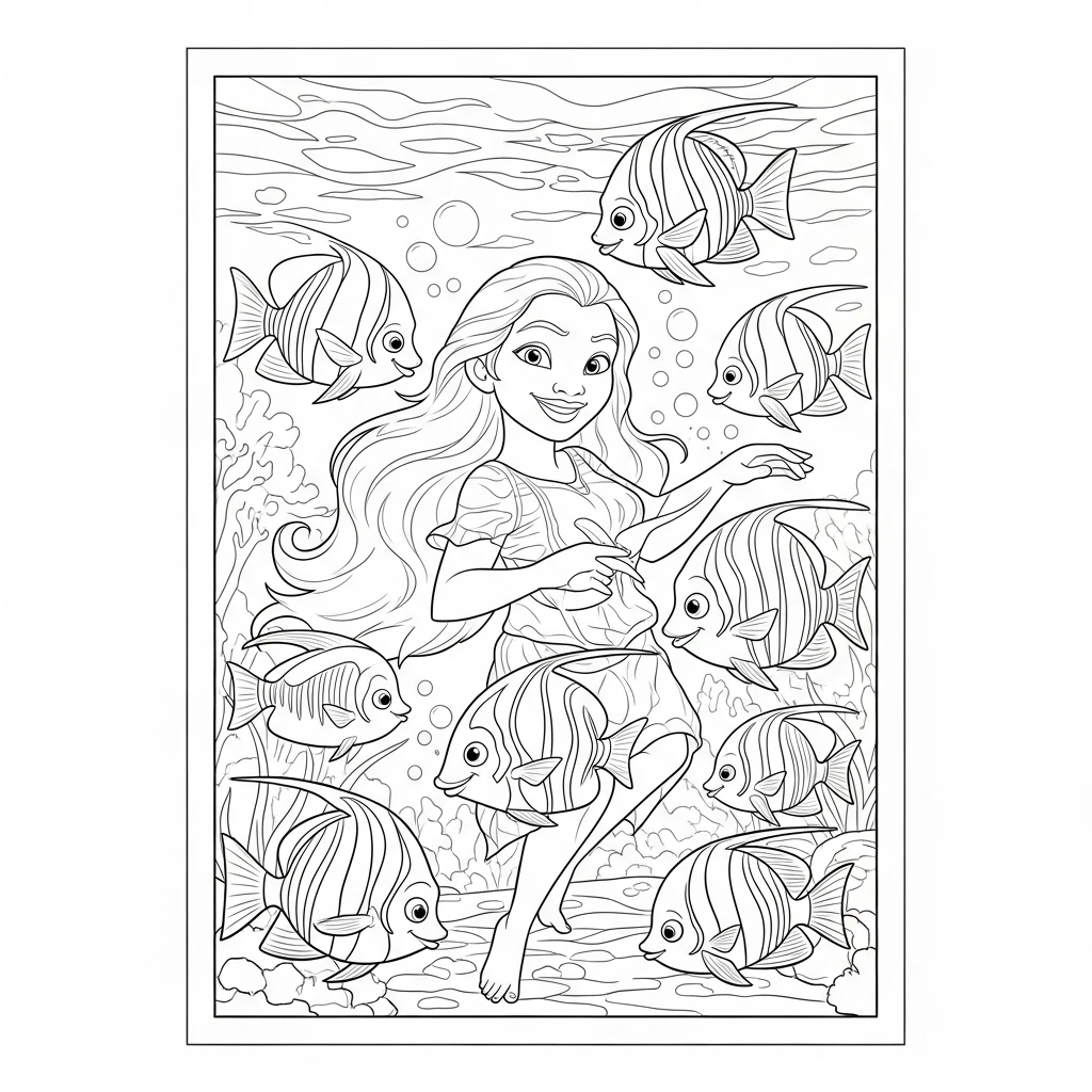 Coloriage Vaiana et les Poissons à Imprimer