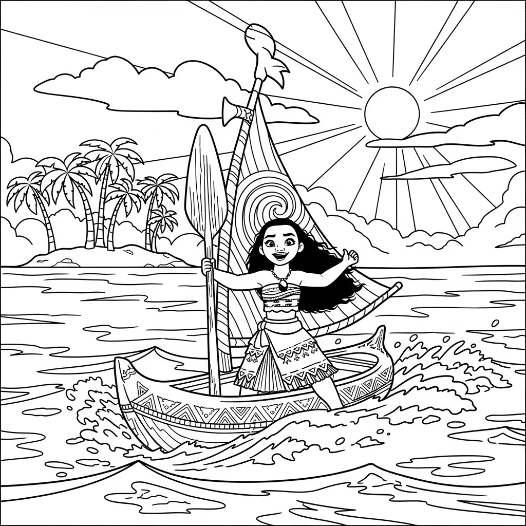 Coloriage Vaiana et son Bateau à Imprimer