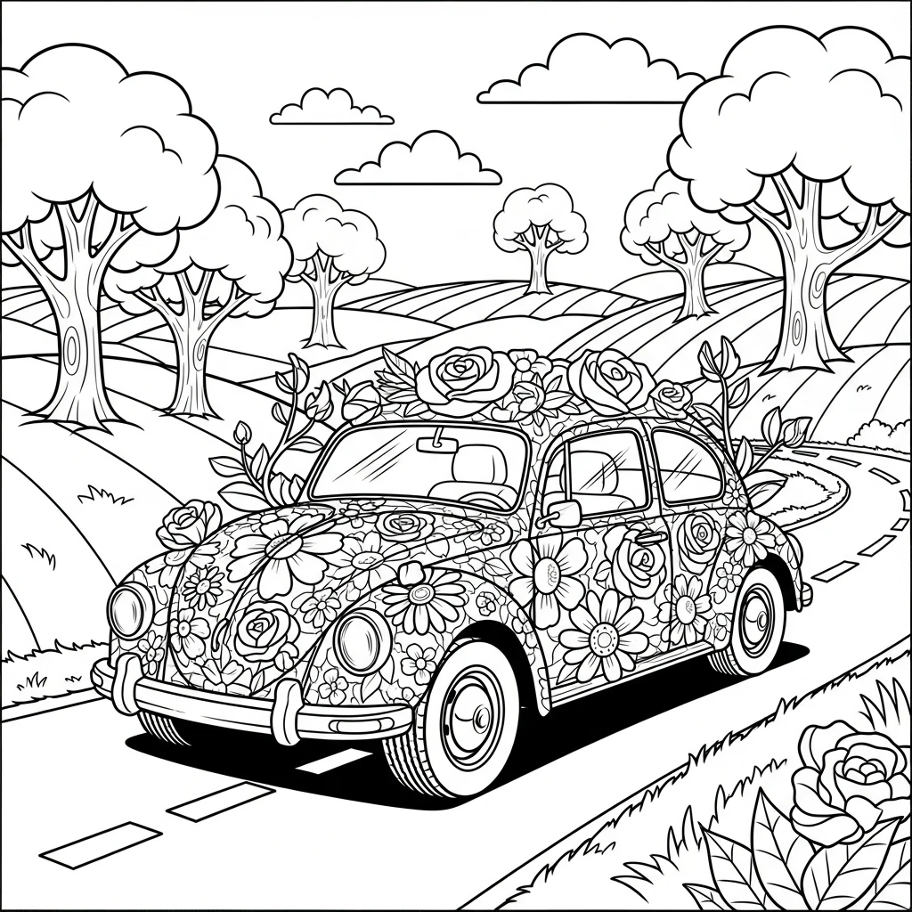 Coloriage Voiture avec Des Fleurs à Imprimer