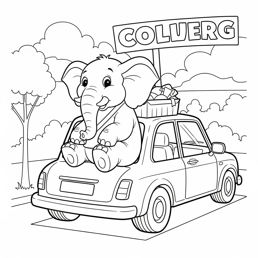 Coloriage Voiture avec Un Éléphant à Imprimer