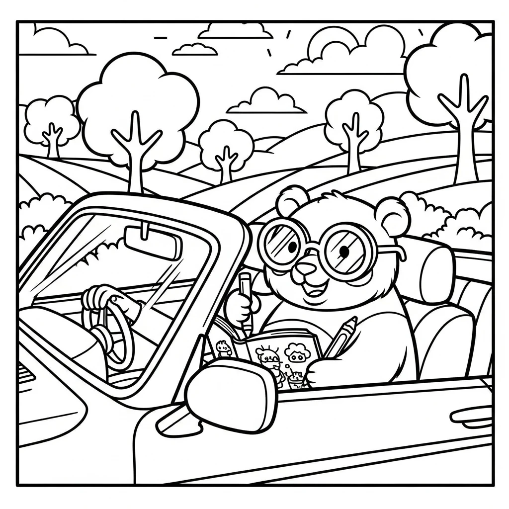 Coloriage Voiture avec Un Panda à Imprimer