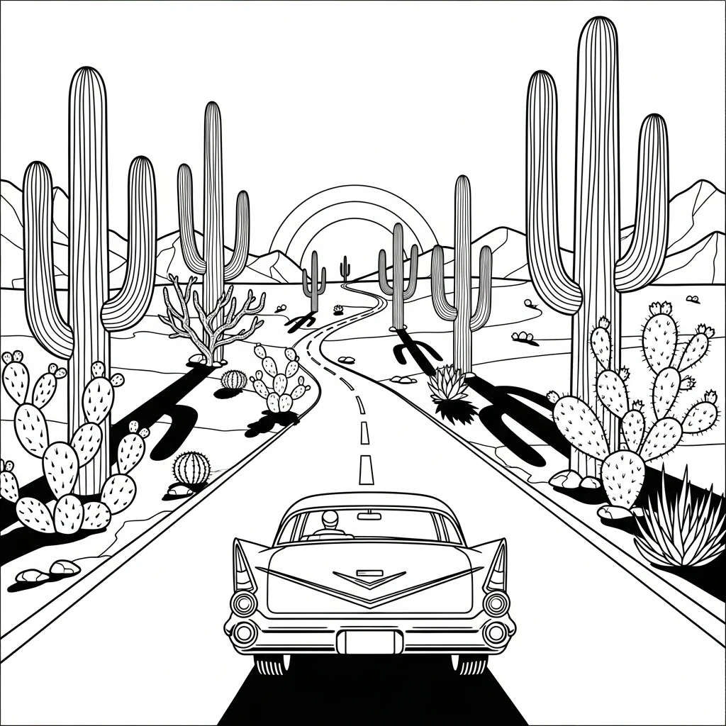 Coloriage Voiture dans le Désert à Imprimer