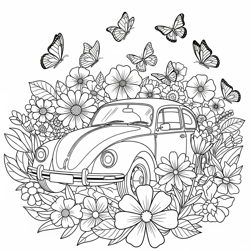 Coloriage Voiture et Fleurs à Imprimer