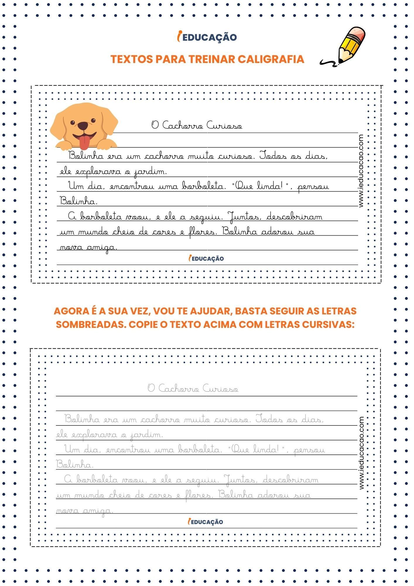 Atividades de Caligrafia - O Cachorro Curioso para Imprimir
