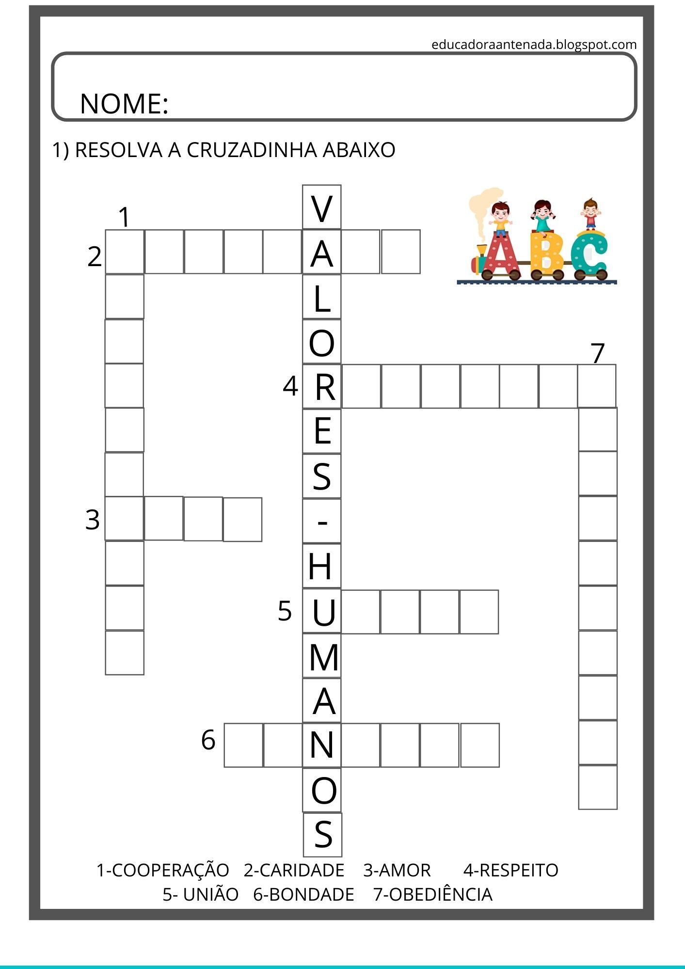 Atividades Educativas: Palavras Cruzadas sobre Valores Humanos